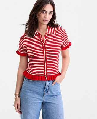 Women's Short-Sleeve Ruffle-Trim Collared Sweater, Macy's Exclusive | Macy's