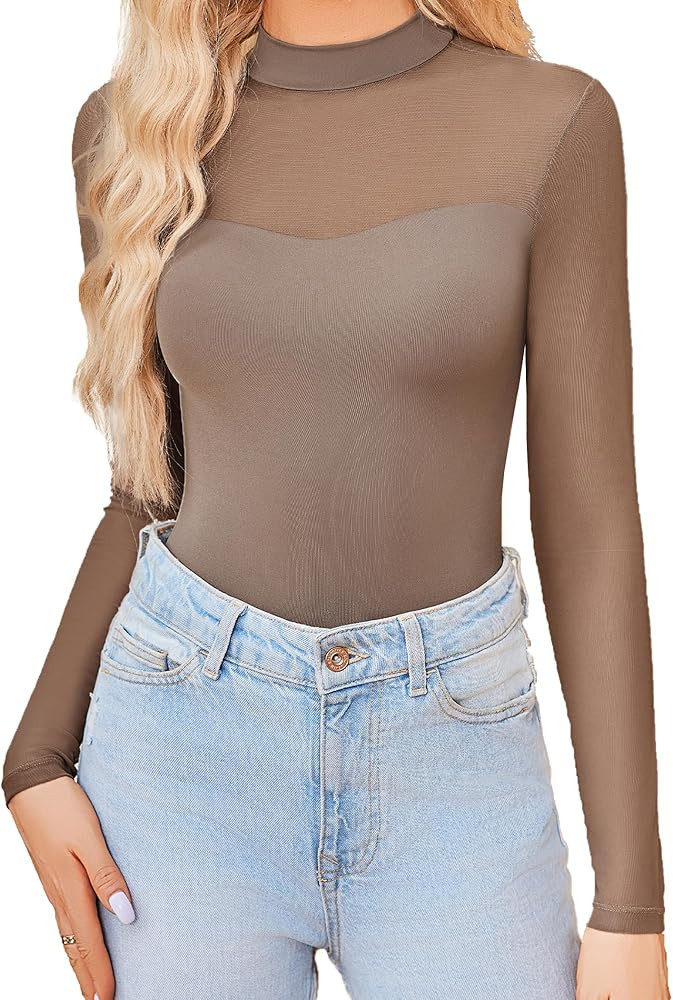 Avidlove Sexy Mock Turtle Neck Sheer Mesh Long Sleeve Bodysuit Shirts Ruched Body Suit Leotard To... | Amazon (US)
