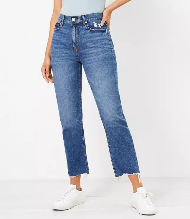 Petite Distressed Hem High Rise Straight Crop Jeans in Authentic Dark Indigo Wash | LOFT