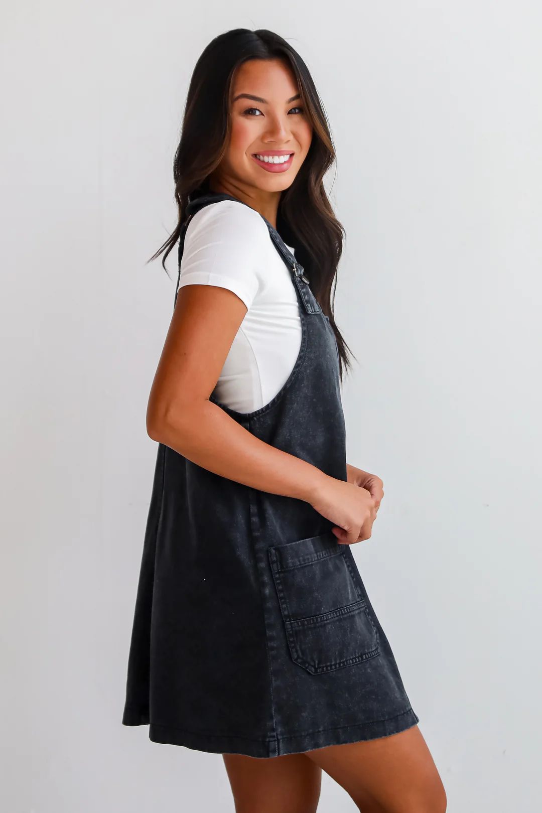 Autumn Days Black Denim Overall Mini Dress | Dress Up