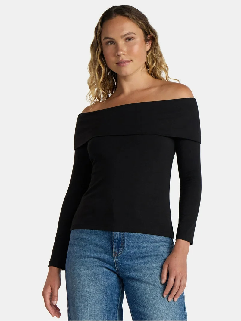 Time and Tru Women’s Fold Over Off Shoulder Top with Long Sleeves, Sizes XS-XXXL | Walmart (US)