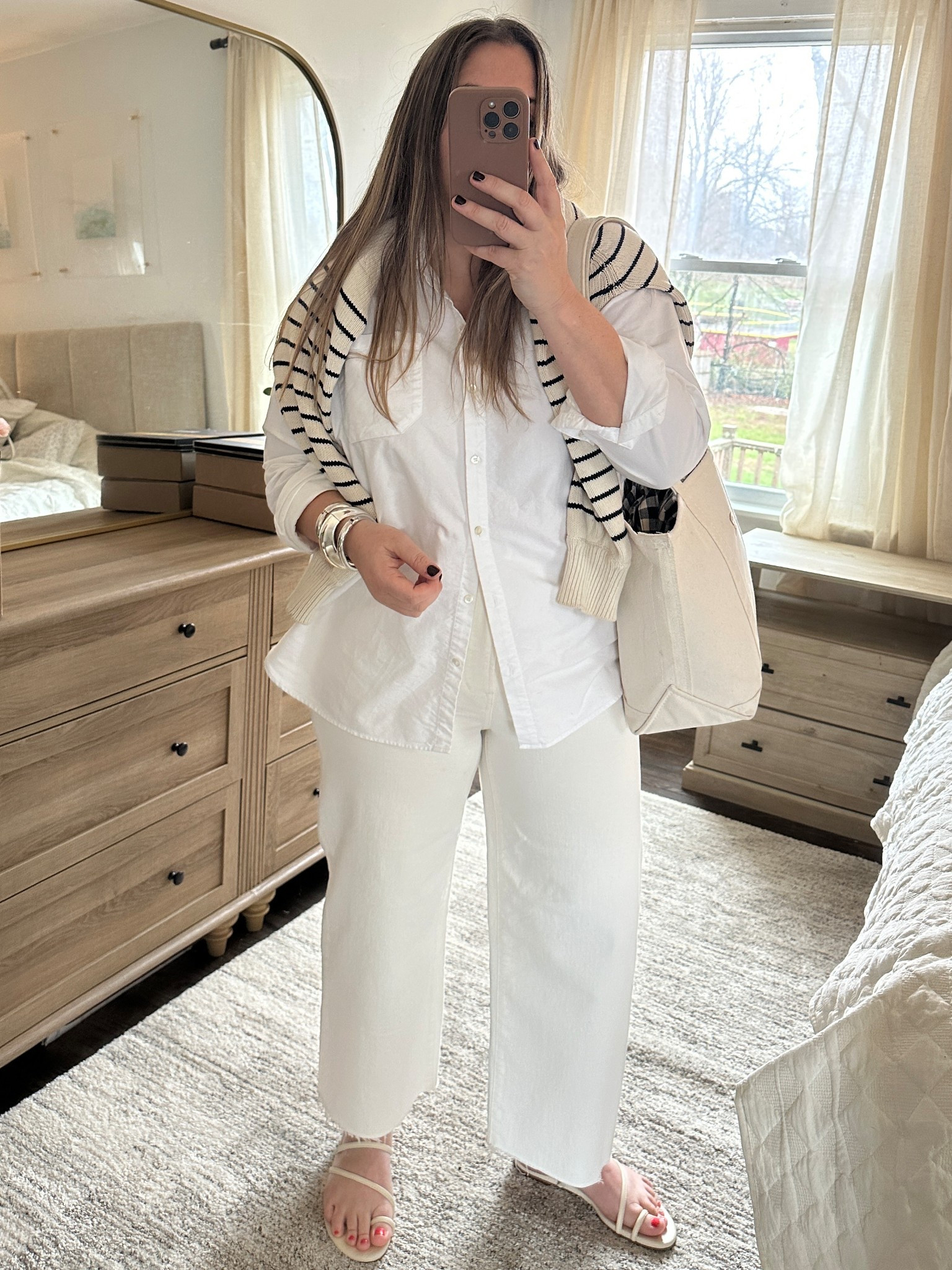 Max buttondown - runs big. Tts here but size down if inbetween

Ll bean boat & tote bag is medium with long handles

Madewell jeans true to size in the white ( other washes i size down 1 in this style) . Linking 2025 updated version. These are so comfy! My fave jeans with stretch.

Shoes - tts ( the best !)  

Spring outfit
White jeans
Madewell
Sezane
LL bean
White buttondown
Max shirt
Ludo sandal
Reformation 

#LTKStyleTip #LTKPetite #LTKSeasonal