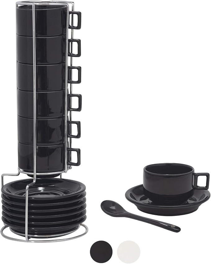 Houseables Espresso Cup, Spoon & Saucer Set, Black, Stackable Demitasse Cups with Metal Stand, Sp... | Amazon (US)