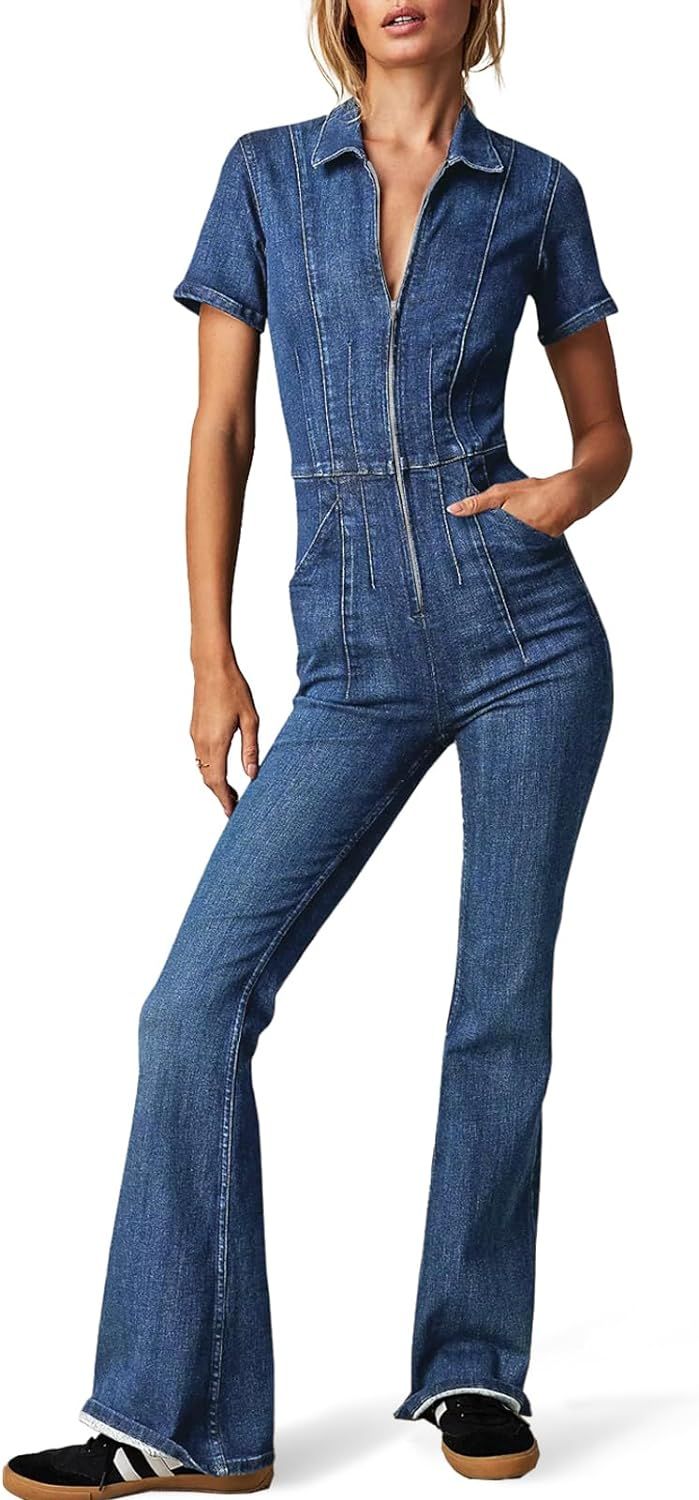 PLNOTME Women's Flare Denim Jumpsuits Cute Short Sleeve Zipper Jeans Long Pants Rompers with Pock... | Amazon (US)