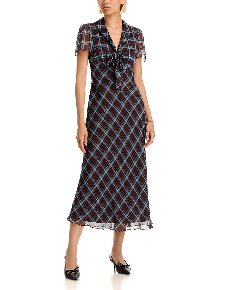 Aqua Plaid Tie Neck Short Sleeve Midi Dress - Exclusive | Bloomingdale's (US)