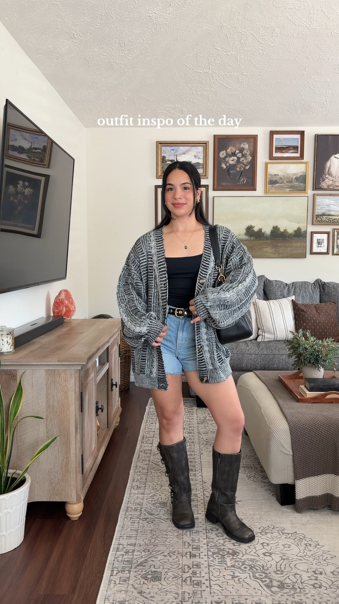 casual ootd 🖤 wearing the cardigan in a size medium // cupshe discount code IGJESSI15 ✨ black tank top, black camisole, black square neck top, denim shorts, high waisted denim shorts, jean shorts, cutoff shorts, blue denim shorts, knit cardigan, chunky knit cardigan, gray cardigan, oversized cardigan, open front cardigan, black knee high boots, knee high boots outfit, black boots outfit, casual fall outfit, fall outfit, fall fashion, transitional outfit, summer to fall outfit, western inspired outfit, western chic outfit, casual chic outfit, edgy casual outfit, classic casual outfit, everyday outfit, weekend outfit, cute casual outfit, denim shorts outfit, cardigan outfit, boots and shorts outfit, layered outfit, neutral outfit, black and denim outfit, crossbody bag, black handbag, black belt, gold jewelry, autumn outfit, cozy fall outfit, LTK fashion, LTK outfit, outfit inspiration, cupshe, transitional outfit  

 #LTKdayinmylife #LTKgrwm #LTKootd