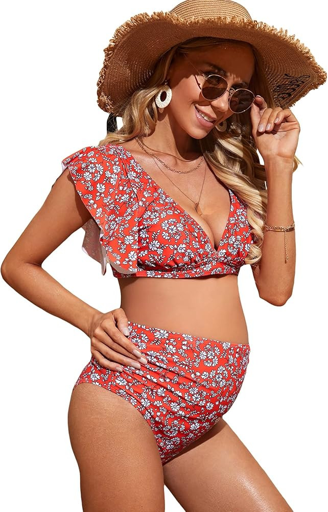 MakeMeChic Women's Maternity Two Piece Swimsuit Floral Ruffle Sleeve High Waisted Bikini Set | Amazon (US)