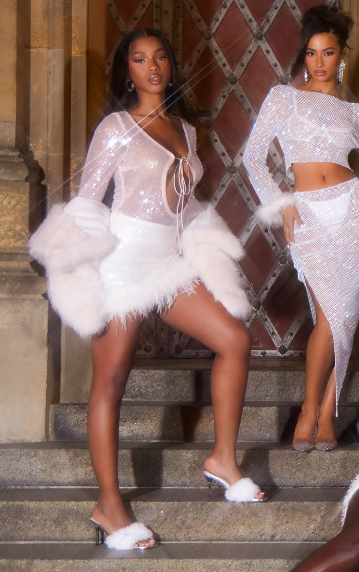 White Sequin Elasticated Feather Trim Mini Skirt | PrettyLittleThing UK