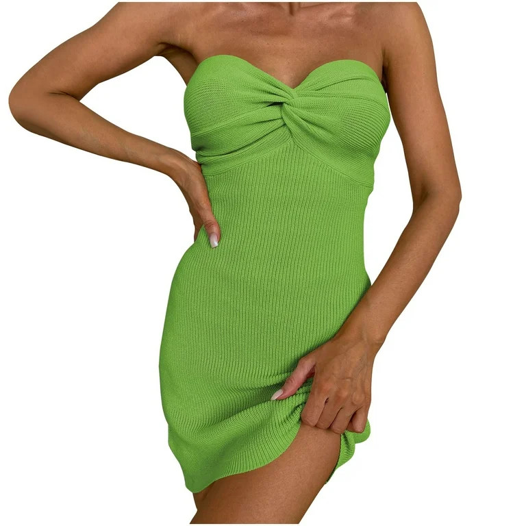 Ribbed Knit Bodycon Mini Dress for Women Twist Knot Front Bandeau Tube Dress Solid Strapless Shor... | Walmart (US)