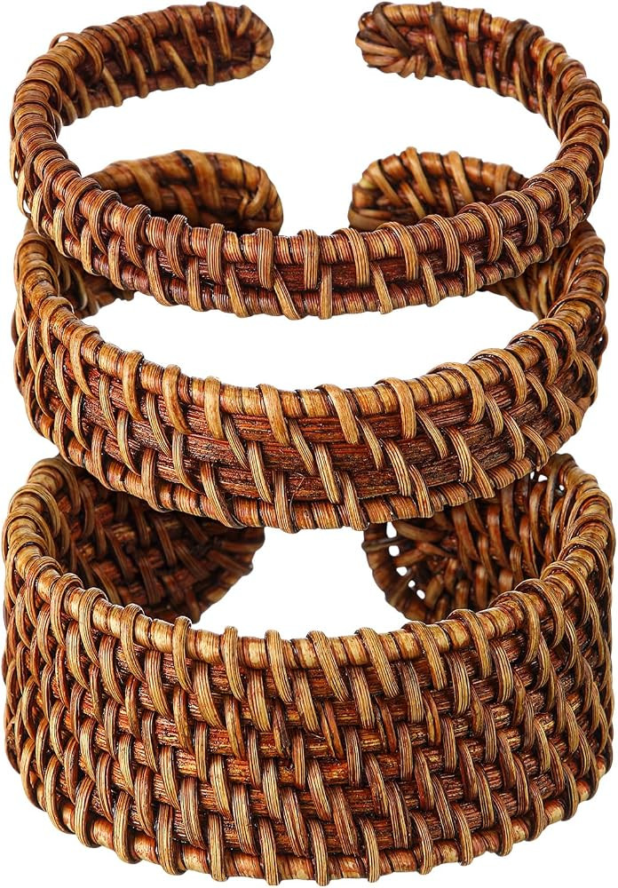 3 Pcs Handwoven Wooden Braided Rattan Knit Cuff Bracelet Adjustable Bohemian Chunky Wrap Bangle f... | Amazon (US)