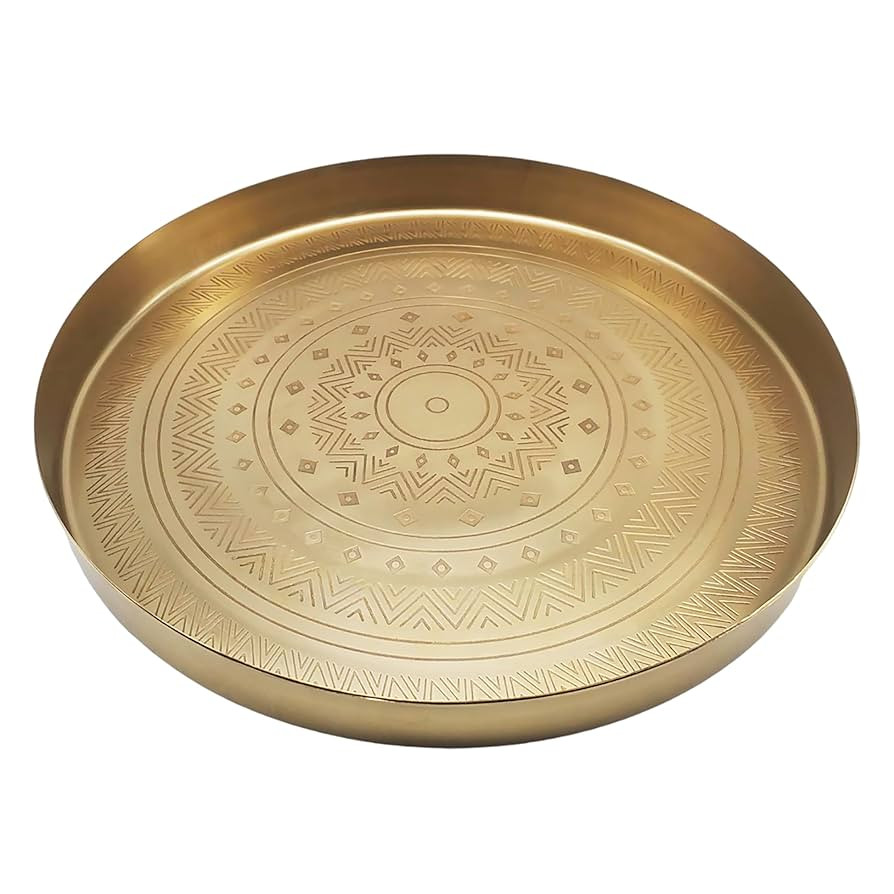 Brass Circular Tray with Etched Design – Tribal Geometric Bohemian Design - Gold Color Large Ro... | Amazon (US)
