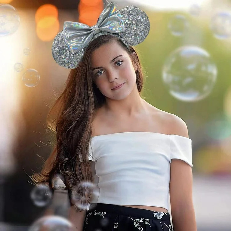 Fashion Cinderella Magic Mirror Limited Headband Silver Sequins Bow Minnie Ears Hair Bands New | Walmart (US)