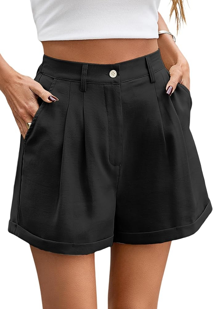 Allimy Womens Summer High Waisted Cuffed Shorts Back Elastic Waistband Pleated Linen Shorts with ... | Amazon (US)