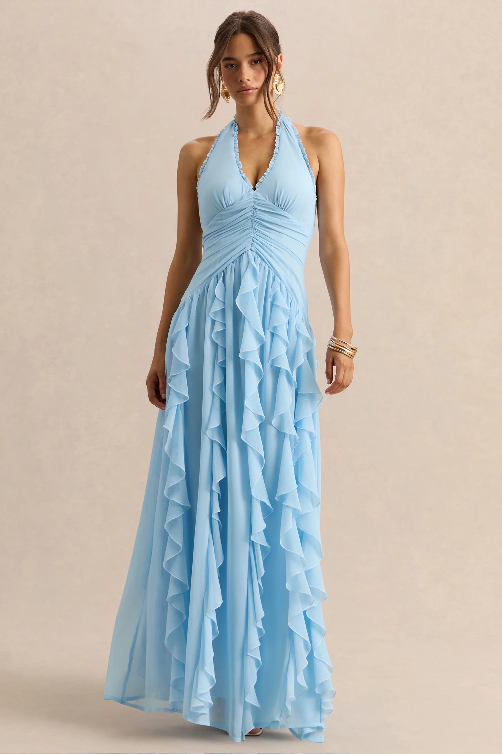 Bea | Powder Blue Plunge-Neck Ruffled Maxi Dress | Club L London