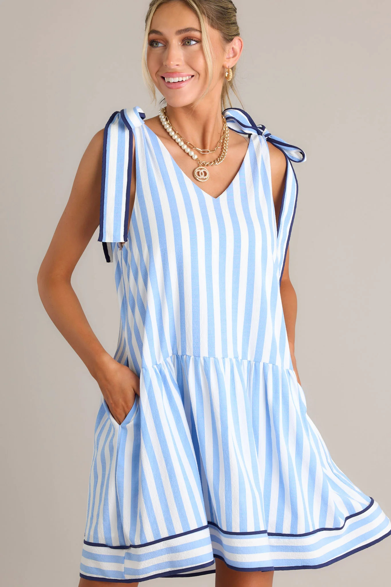 Ripple Effect Blue Stripe Mini Dress | Red Dress