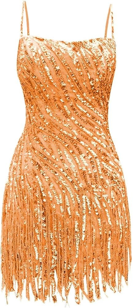 Sparkly Sequin Homecoming Dresses Spaghetti Straps Tight Short Cocktail Party Dress with Tassels ... | Amazon (US)