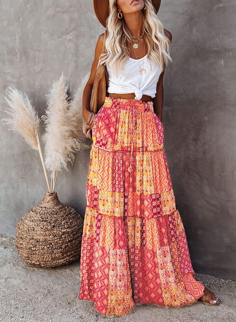 Happy Sailed Womens Floral Print Boho Maxi Skirt Elastic High Waist Pleated Ruffle Flowy Long Skirts | Amazon (US)
