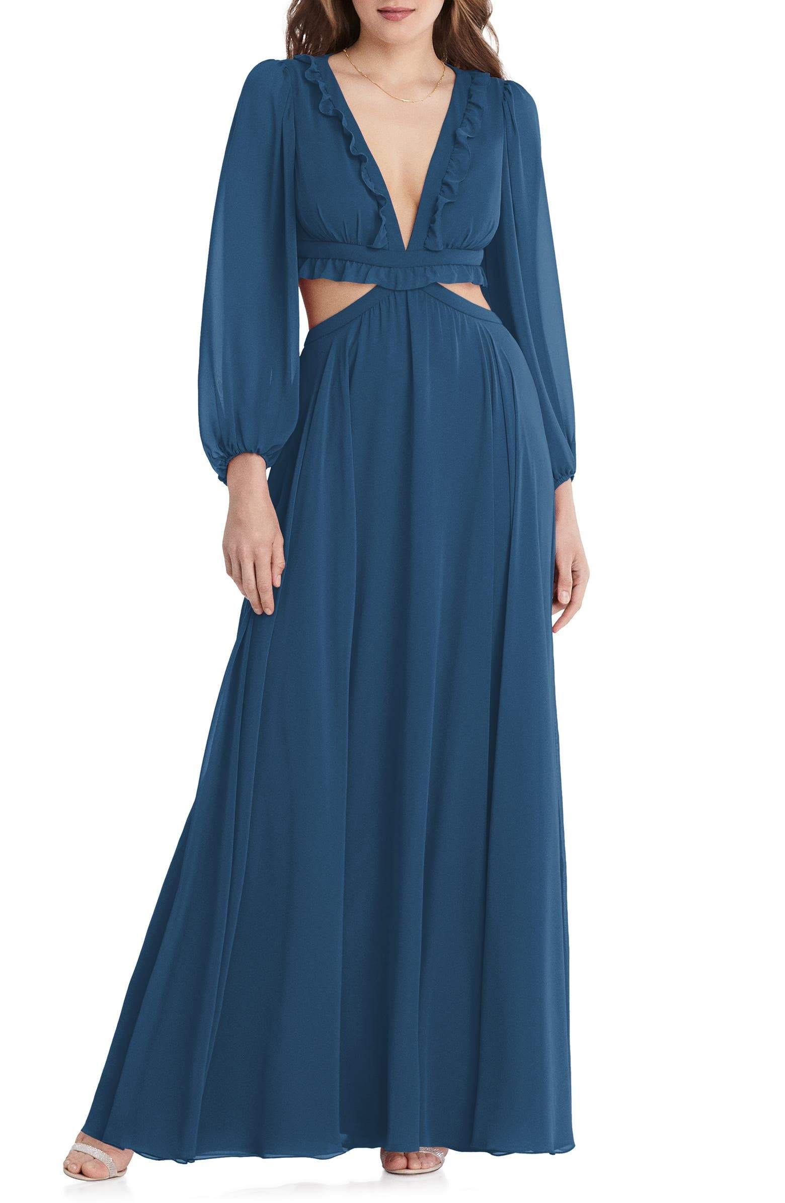 Harlow Cutout Detail Long Sleeve Chiffon Gown | Nordstrom