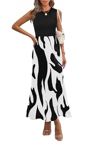 PRETTYGARDEN Women's 2025 Summer Dresses High Waisted Graphic Print Pleated Midi Dress for Women Trendy Plisse Long Dress (White, Large) | Amazon (US)