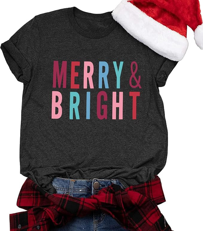 MOUSYA Merry and Bright Shirt Women Merry Christmas Tee Letter Print Casual Short Sleeve Tops Tee... | Amazon (US)