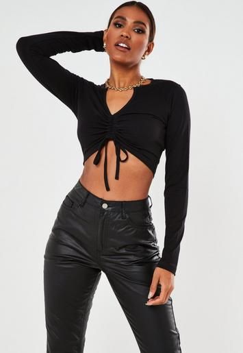 Missguided - Tall Black Notch Neck Ruched Front Crop Top | Missguided (US & CA)