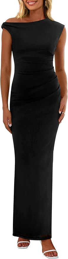 PRETTYGARDEN Women's 2025 Summer Formal Maxi Dresses Sleeveless One Shoulder Bodycon Ruched Mesh ... | Amazon (US)