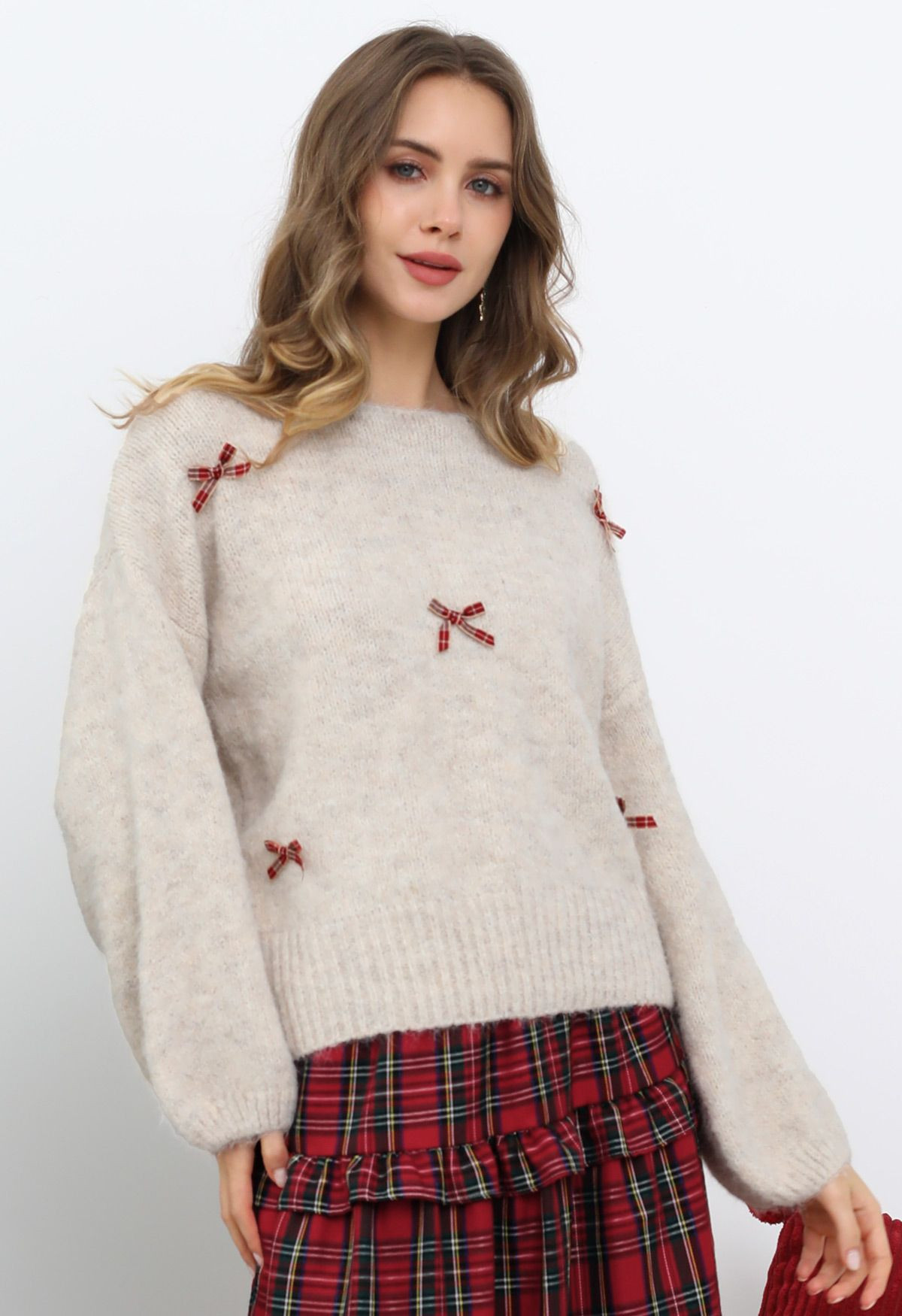 Plaid Bow Embellished Puff Sleeve Fuzzy Knit Sweater in Oatmeal | Chicwish