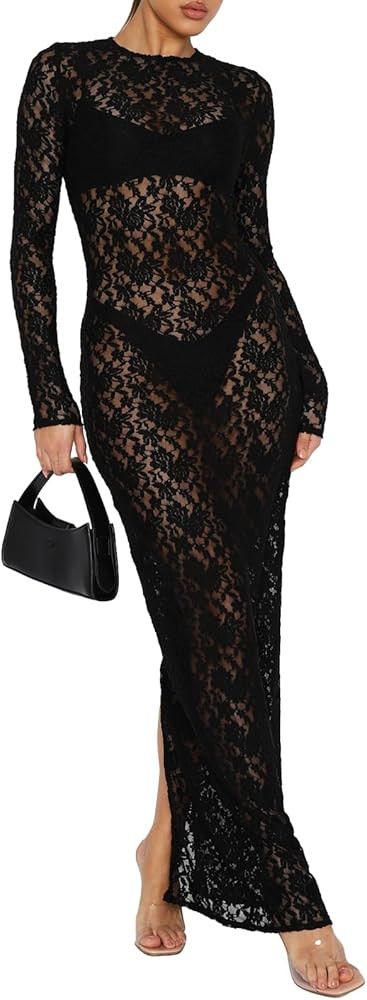 NUFIWI Women Vintage Y2k Lace Maxi Dress Long Sleeve See Through Mesh Bodycon Dress Floral Lace M... | Amazon (US)
