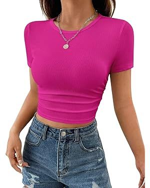 EADINVE Women Short Sleeve Pleated T Shirt Crewneck Crop Top Y2K Ribbed Knit Slim Fit Summer Goin... | Amazon (US)