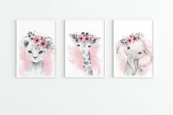 Read the full title
    Set of 3 Blush Pink Nursery Wall Prints, Watercolor Safari Animals Nurser... | Etsy (US)