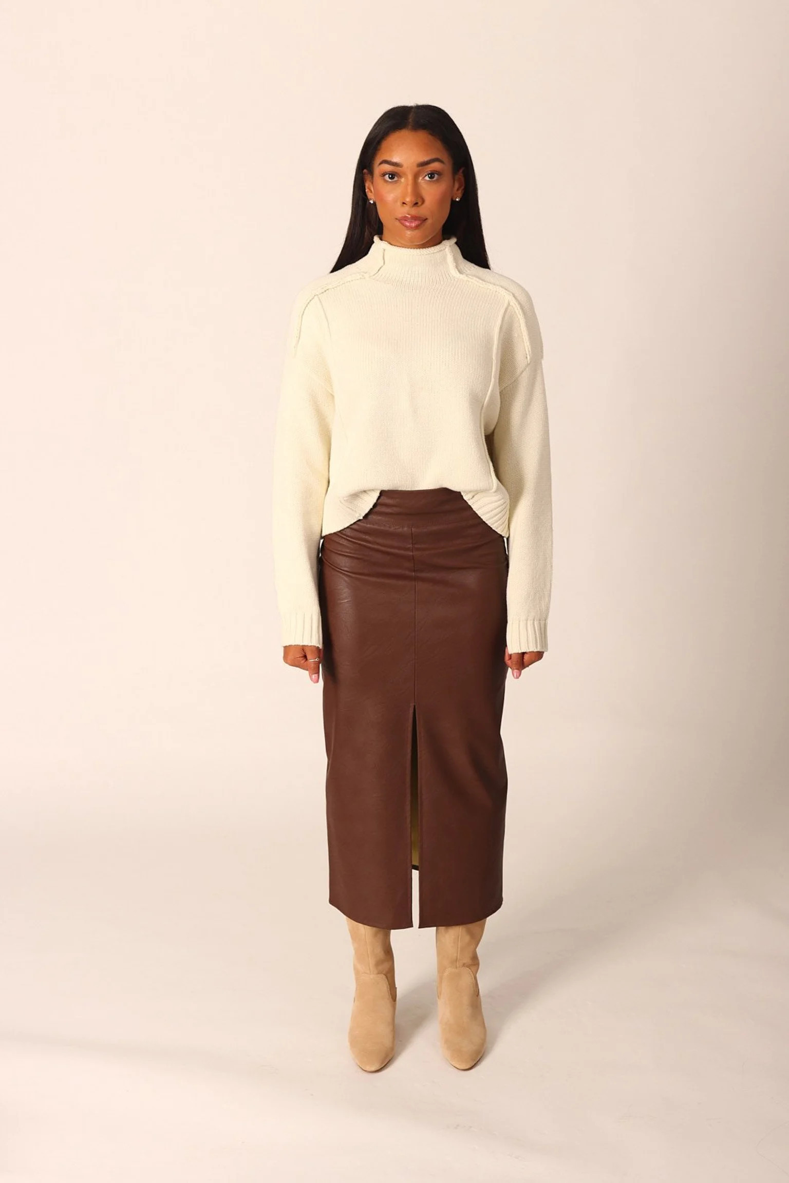 Vegan Leather Midi Skirt With Slit | Verishop