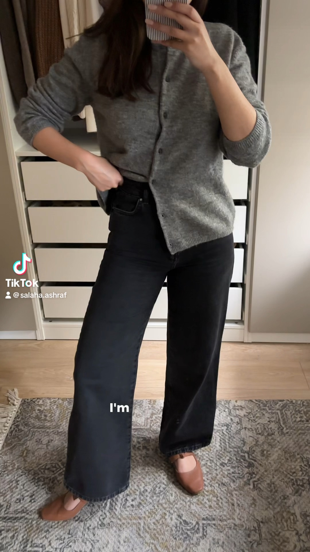 grey cardigan, wool cardigan, wide leg jeans, petite jeans, tan flat shoes, mary jane shoes, tan bag, winter outfit inspo, new look, h&m, monsoon, polene bag

#LTKfindsunder50 #LTKstyletip #LTKSeasonal