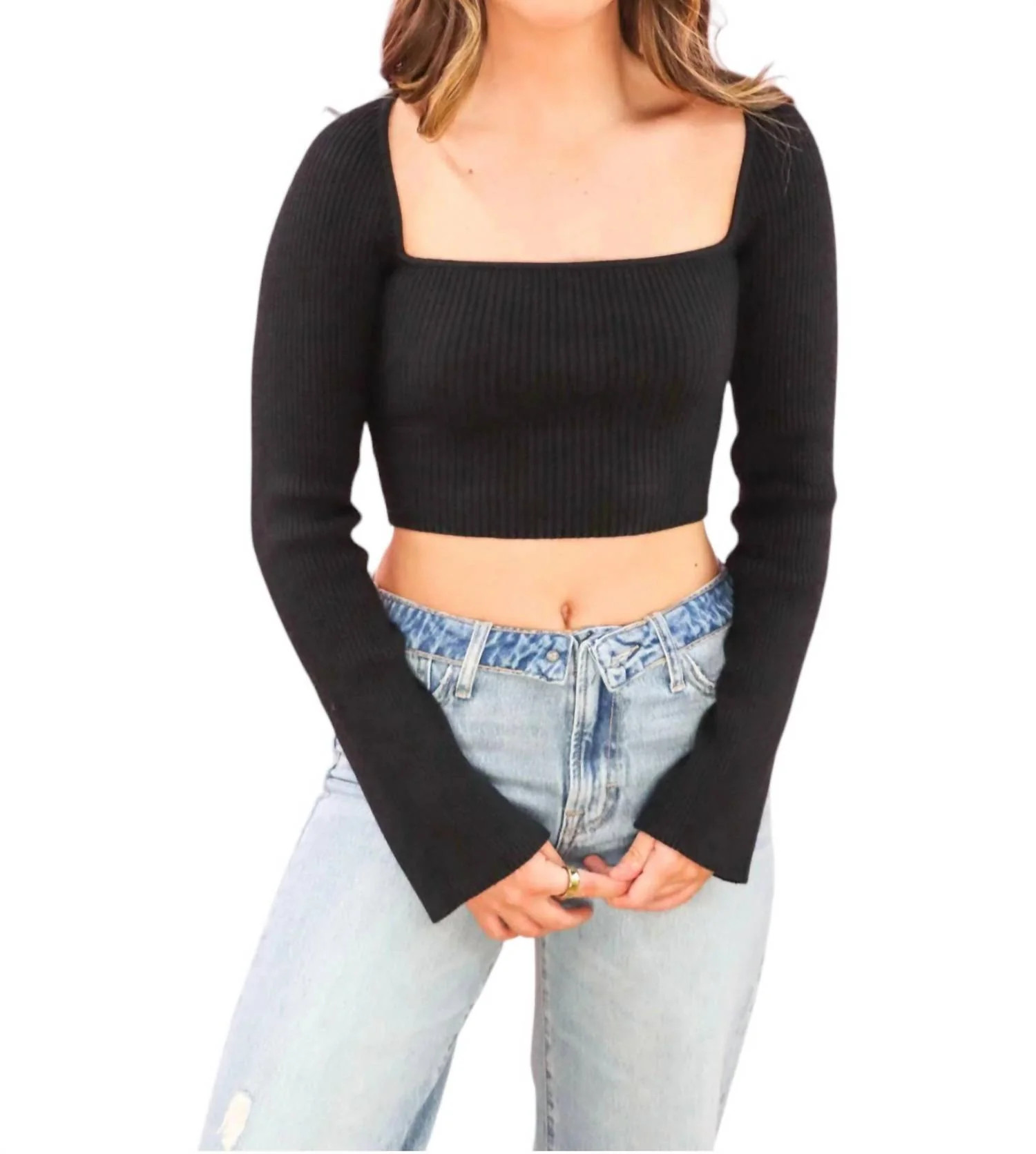 Ribbed Long Sleeve Top In Black | Shop Simon