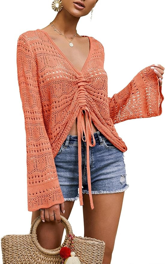 Women Crochet Top Beach Cloth Drawstring Shirt Cover Up Oversized Sexy Beachwear Lace Up Tee Ponc... | Amazon (US)