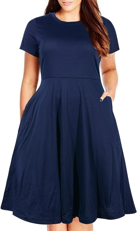 Nemidor Women's Round Neck Summer Casual Plus Size Fit and Flare Midi Dress with Pocket | Amazon (US)