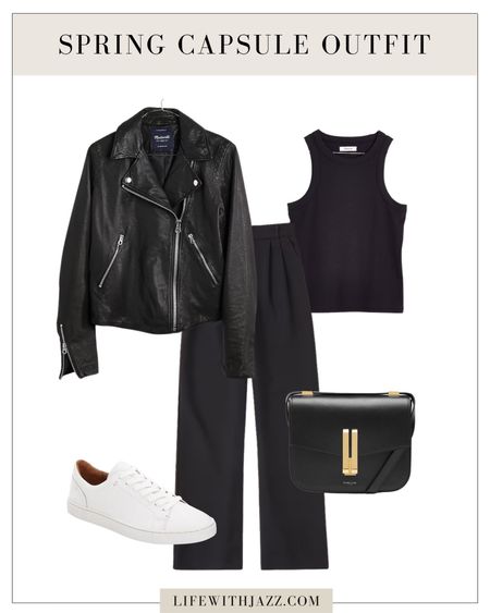 Casual/edgy outfit 

- moto jacket, tank, pants, sneakers, purse, casual, comfy, edgy 

#LTKstyletip