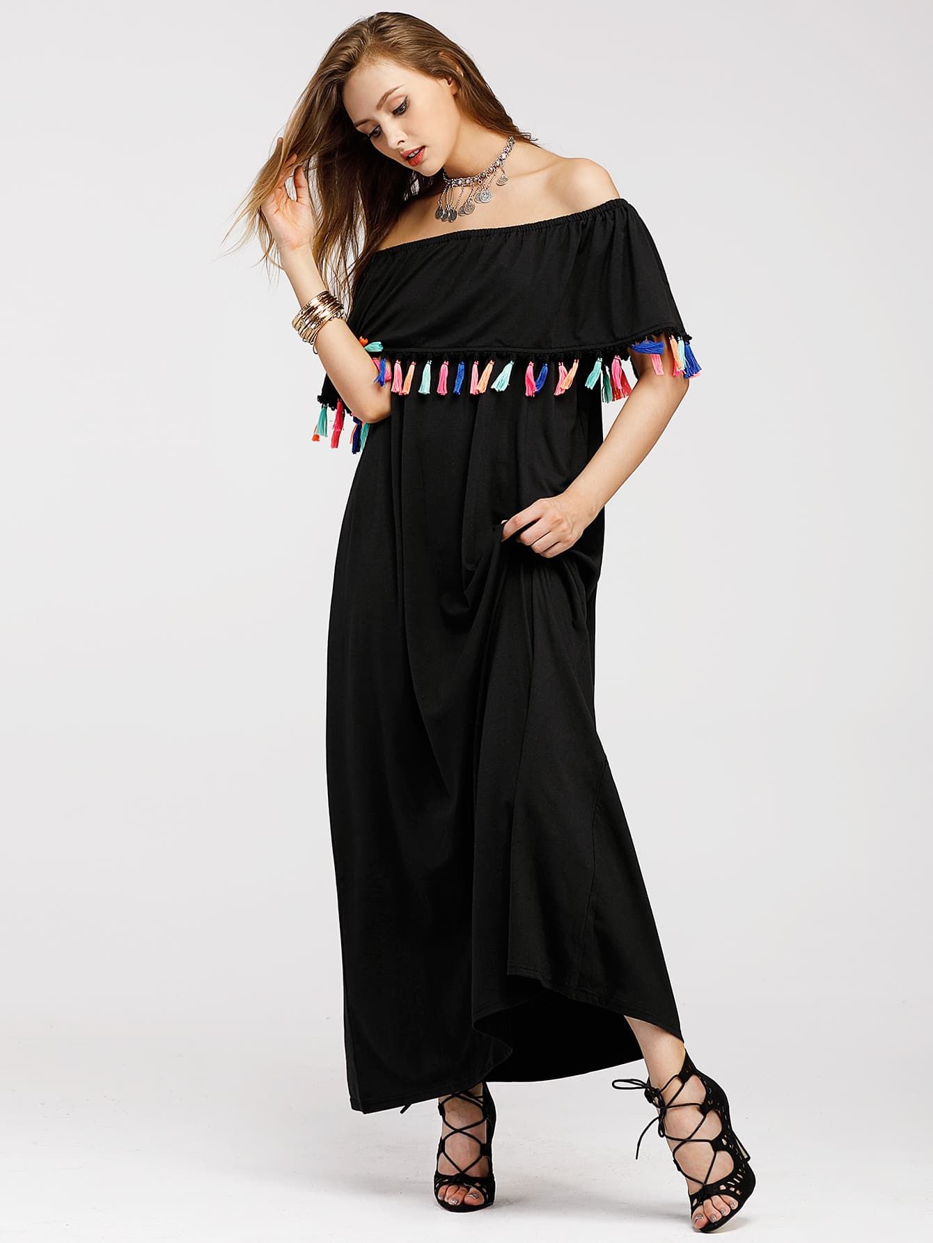 Flounce Layered Neckline Tassel Trim Dress | SHEIN