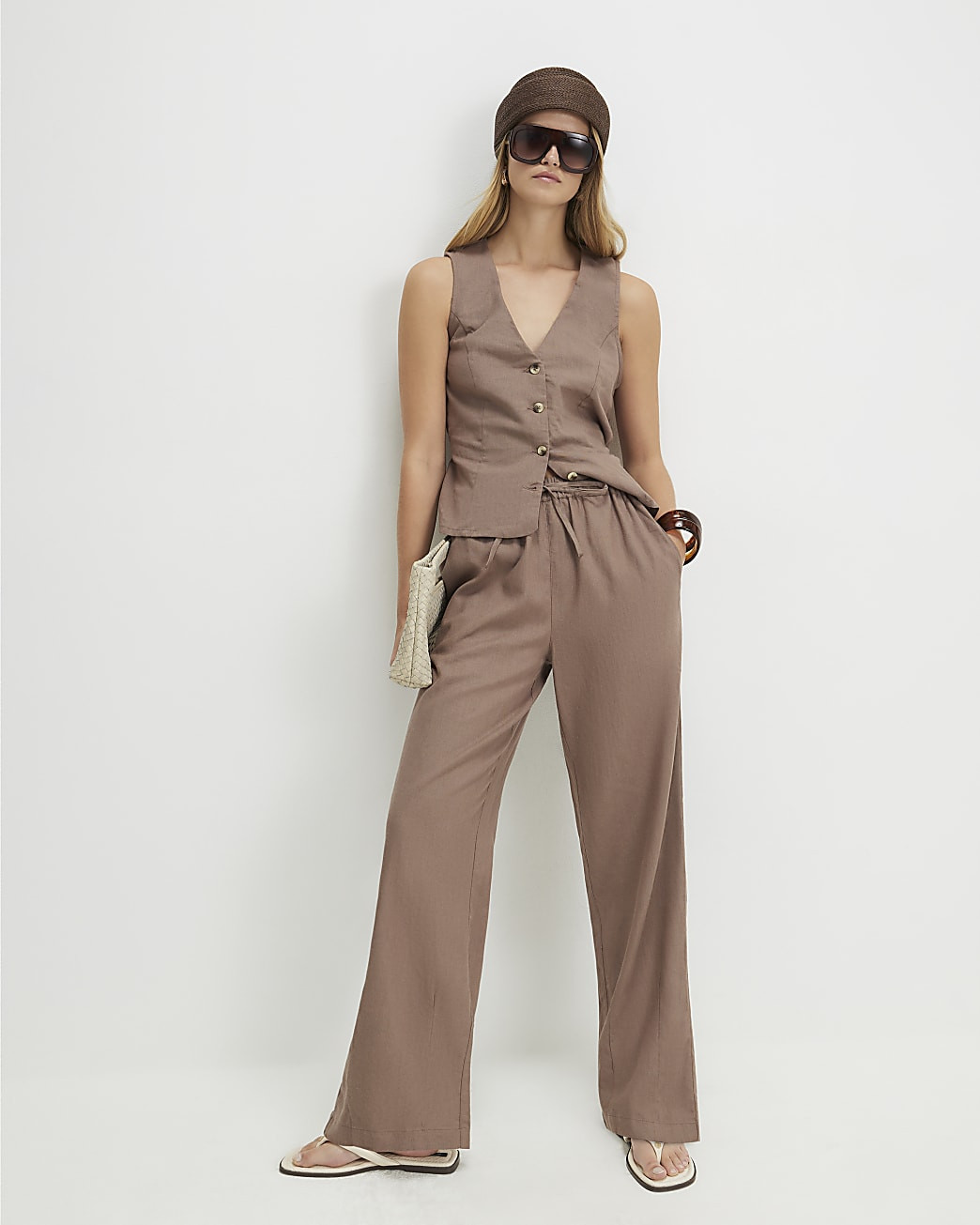 Beige Linen Blend Tapered Trousers | River Island UK & IE