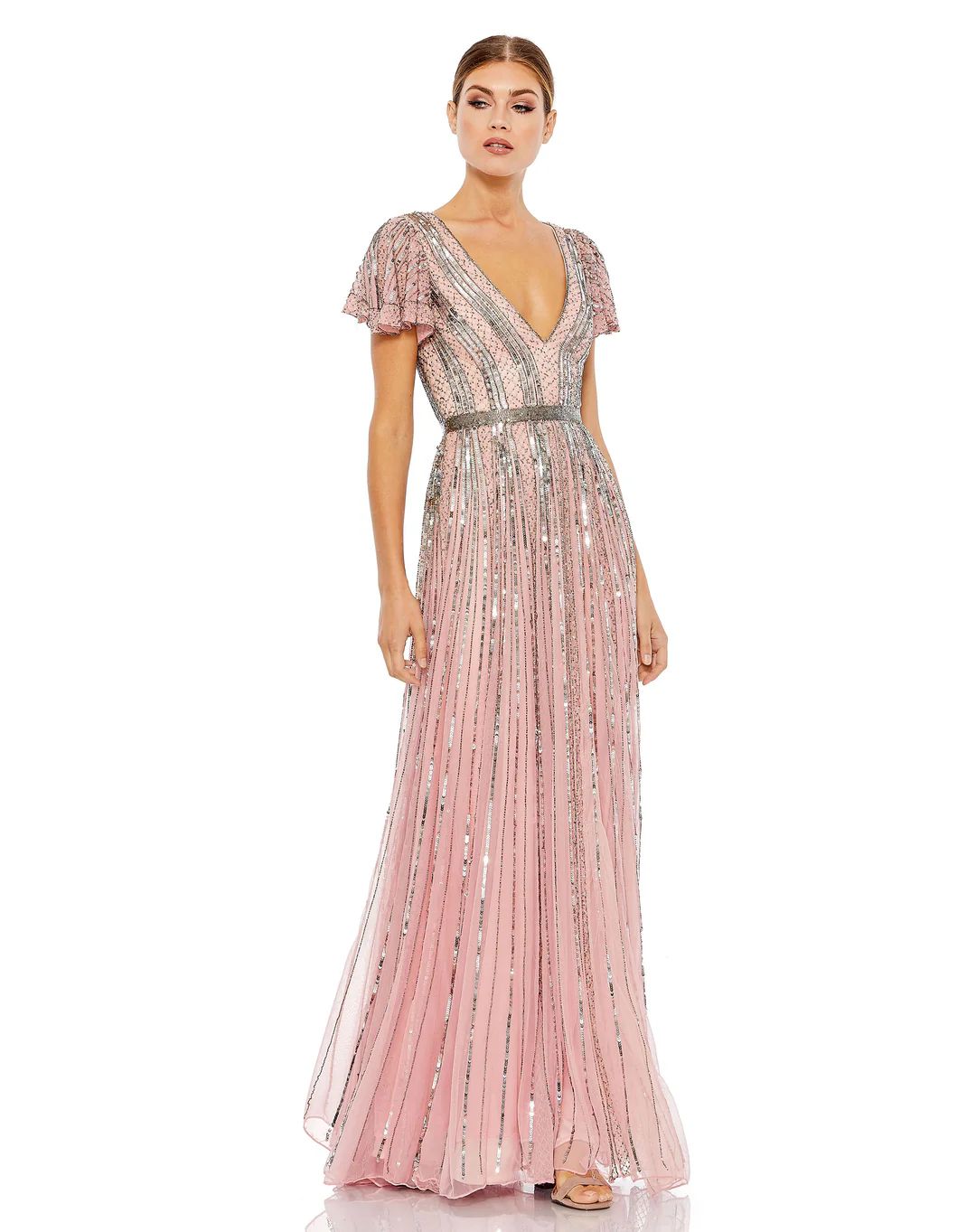 Stripe Sequin V-Neck Gown | Mac Duggal