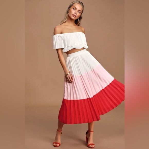 Lulus Perfectly Punctual red white and pink pleated color block midi skirt XS | Poshmark