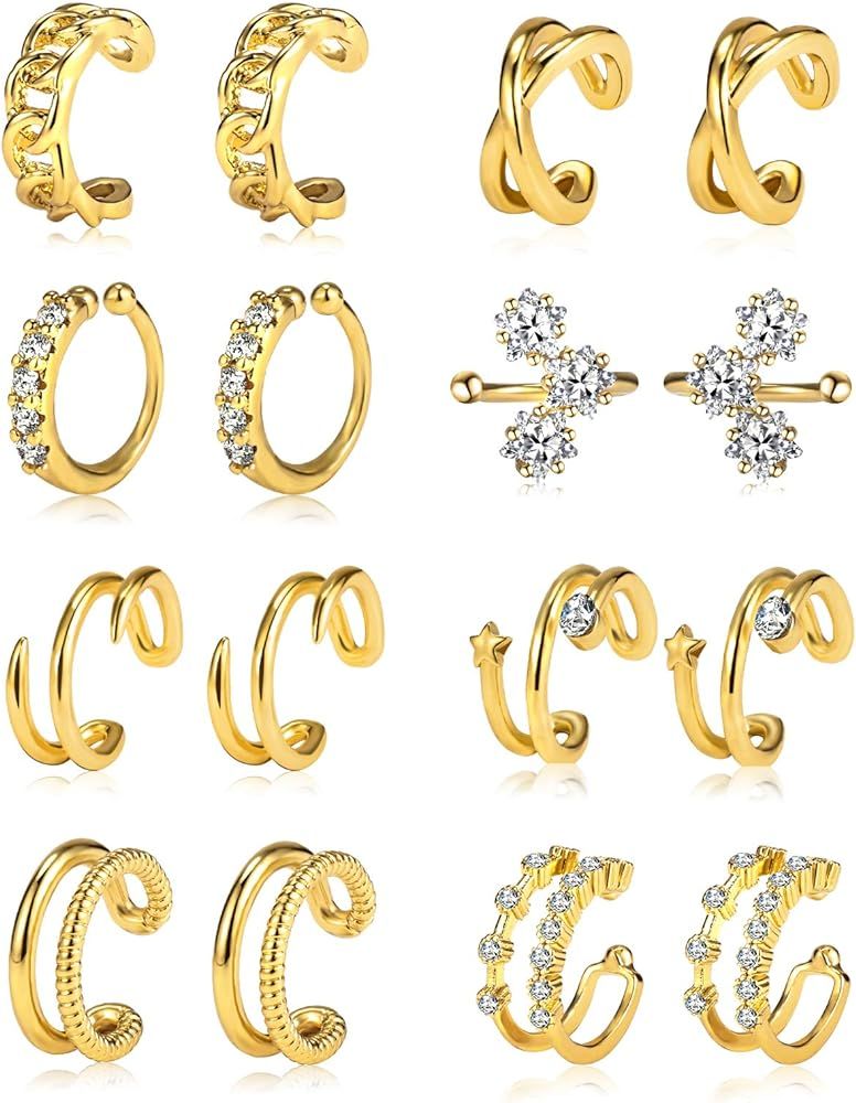 8 Pairs Gold Ear Cuffs Set for Women Non Piercing Cuff Earrings Sparking Adjustable Helix Wrap Earri | Amazon (US)