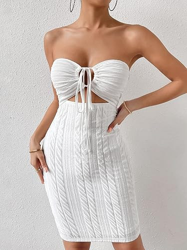 WDIRARA Women's Strapless Cut Out Tube Dress Drawstring Tie Front Bodycon Sexy Mini Dress | Amazon (US)