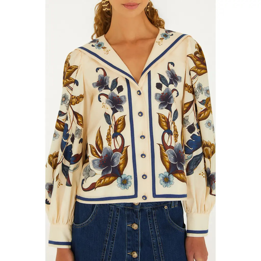 FARM Rio Golden Nature Floral Sailor Collar Button-Up Top in Golden Nature Cream at Nordstrom, Size Large | Nordstrom