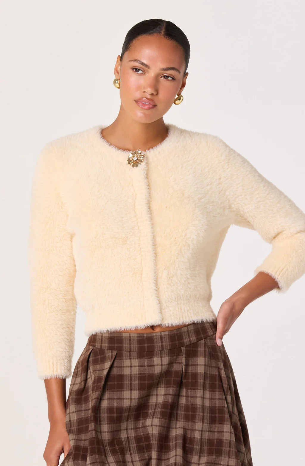 Fuzzy Cropped Cardigan - Brown / XL | ASTR The Label (US)