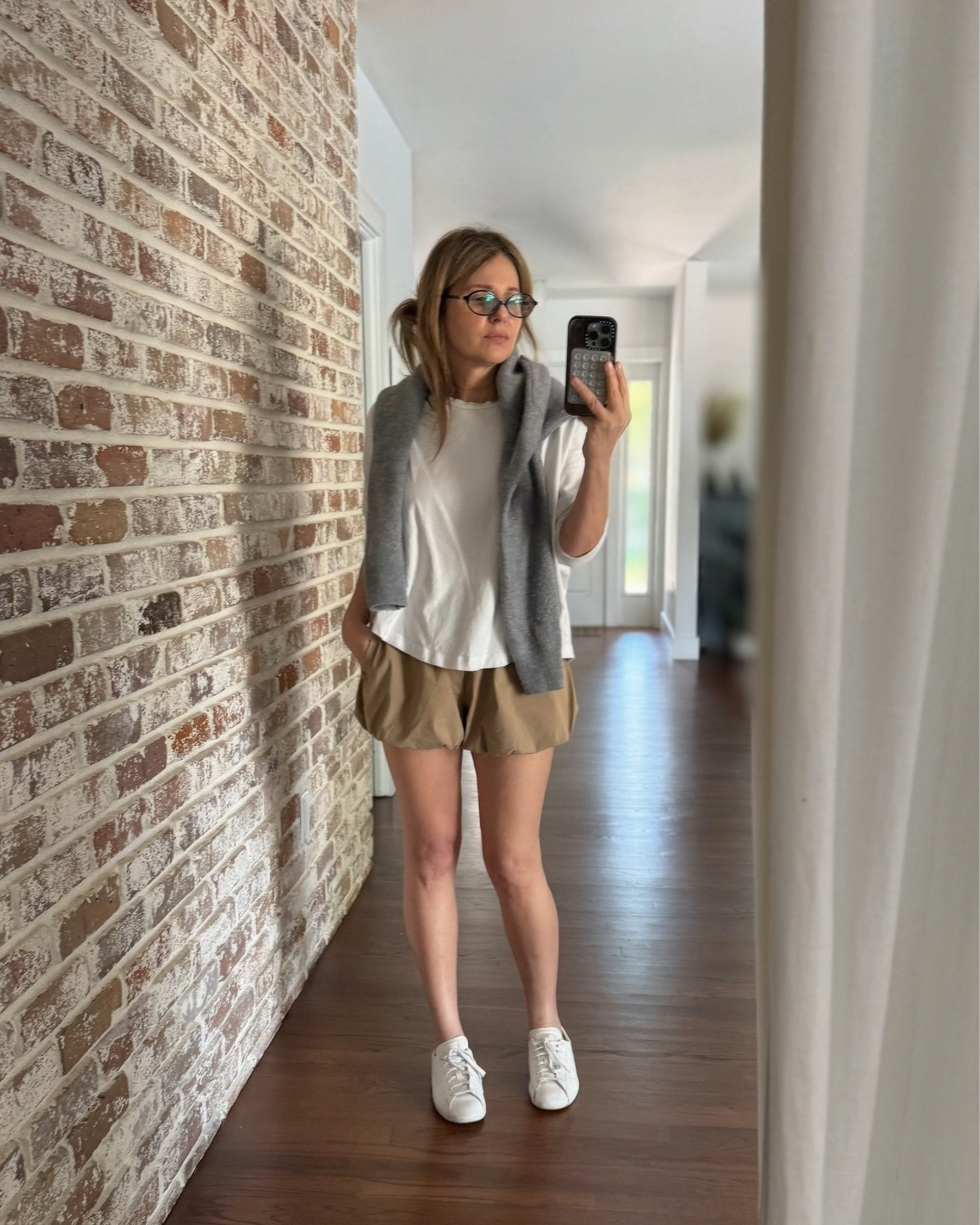 Wearing a mixed neutral outfit... beige bubble hem shorts from Old Navy (size XS), oversized white short sleeve tee from @Zara, a gray cashmere sweater from Sporty & Rich and @adidas lo pro white leather sneakers. 

*Also linking my reading glasses… first time ordering from Yesglasses. Tried these on virtually on their site so I knew what to expect. They offer both reading or prescription eyeglasses. Cute, inexpensive, easy to order.

#LTKootd #LTKSeasonal #LTKSaleAlert