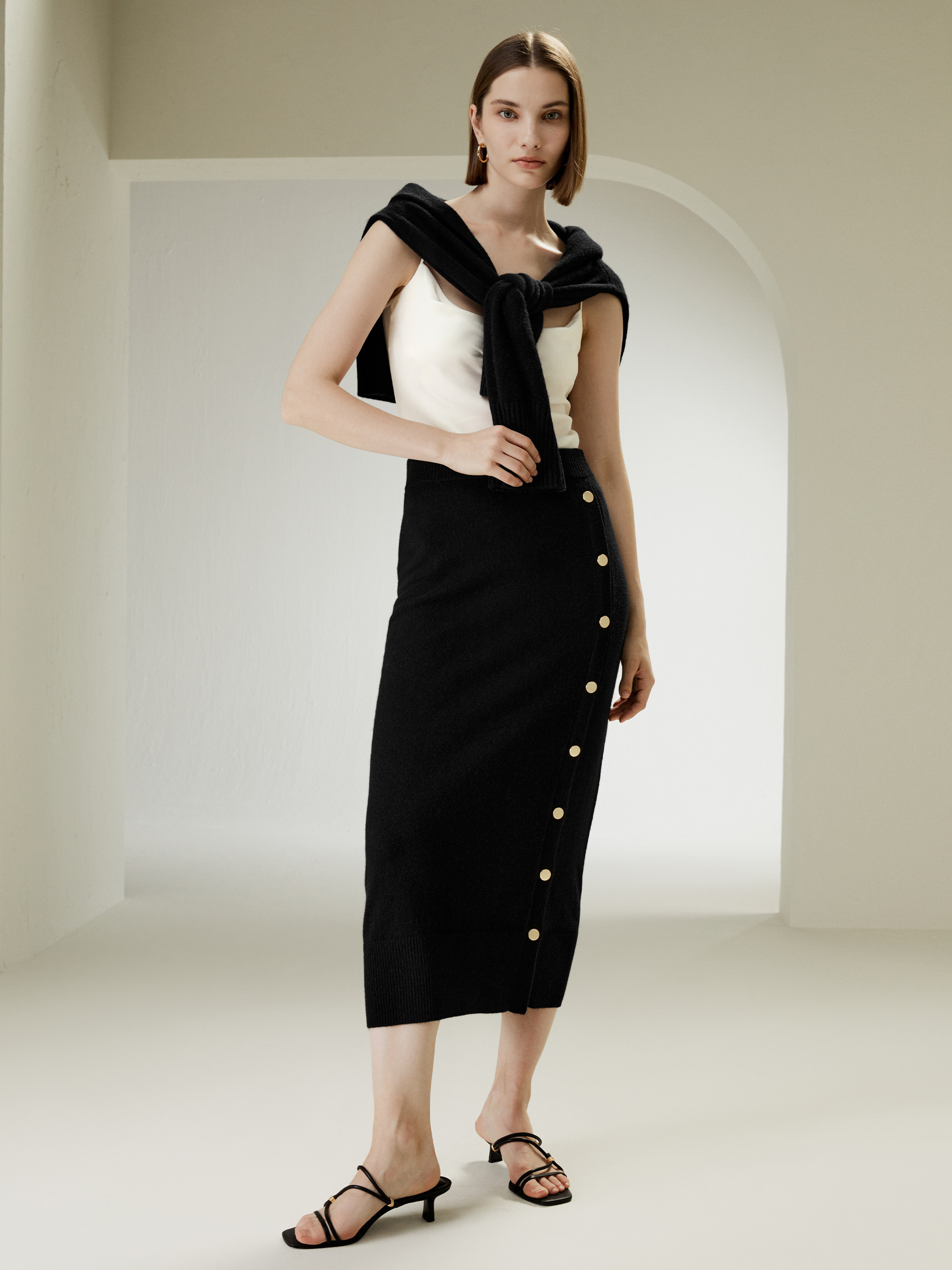 Knitted Cashmere Midi Skirt with Side Buttons | LilySilk