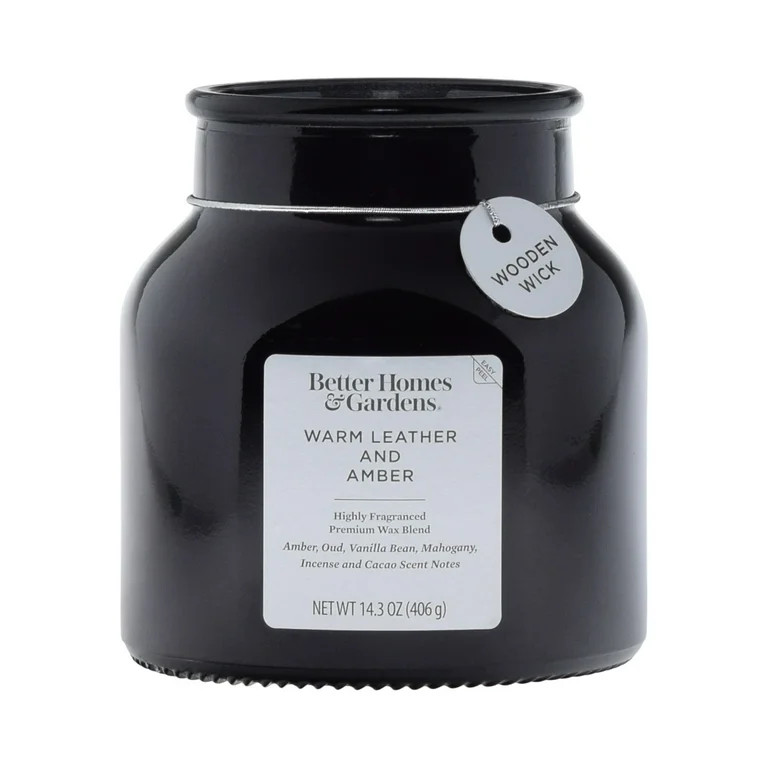Better Homes & Gardens Warm Leathered Amber Scented Wooden Wick 14.3oz Jar Candle - Walmart.com | Walmart (US)