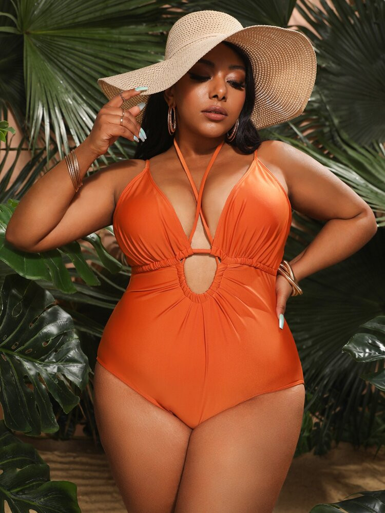 Plus Cut Out Halter One Piece Swimsuit | SHEIN
