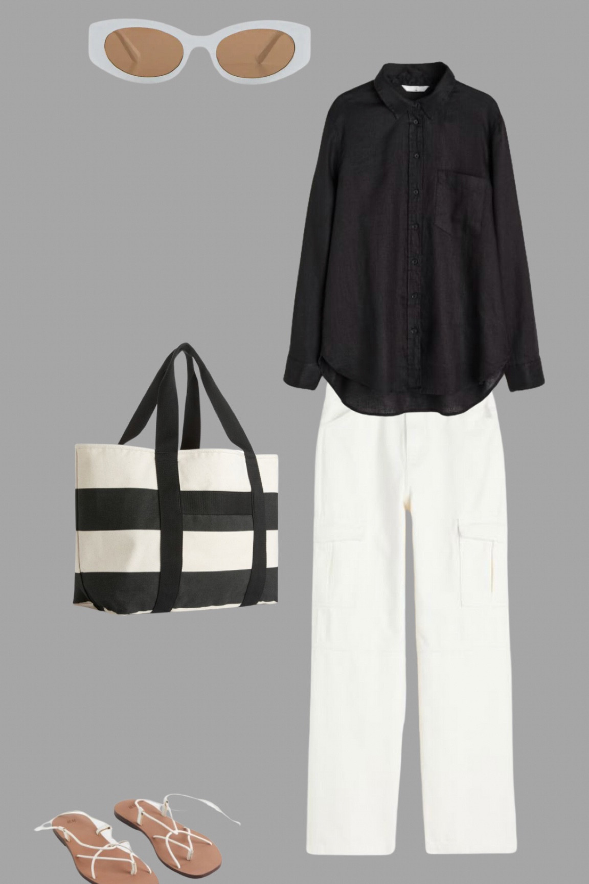Monochrome summer with white cargo trousers, a black linen shirt, white sunglasses, a striped canvas bag and flat strappy sandals