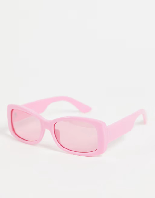 ASOS DESIGN recycled frame wrap mid square sunglasses in hot pink | ASOS (Global)